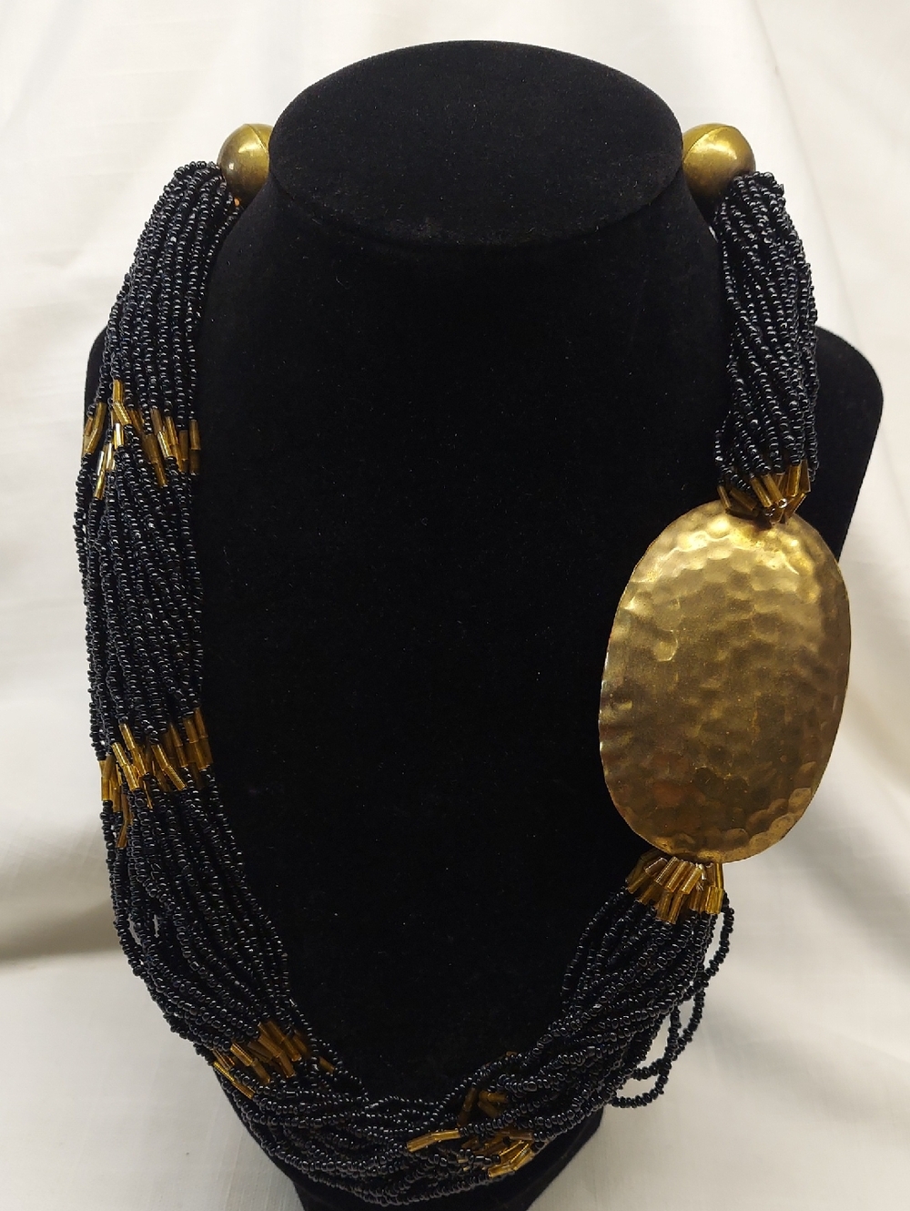 Vintage Statement Necklace Black Seed, Bugle Beads Hammered Brass Asymmetry 23"